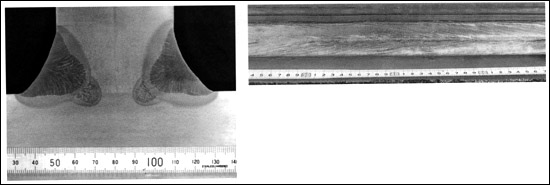 写真2 板厚60mmの完全溶込み溶接のマクロ及びビード外観