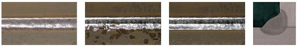 写真4 耐ピット性強化タイプのスラグ被包、剥離状況およびビード外観、形状の一例（1.2mm 280A-40cm/min）