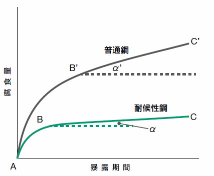 図1 鋼の腐食量-暴露期間の関係を示す模式図